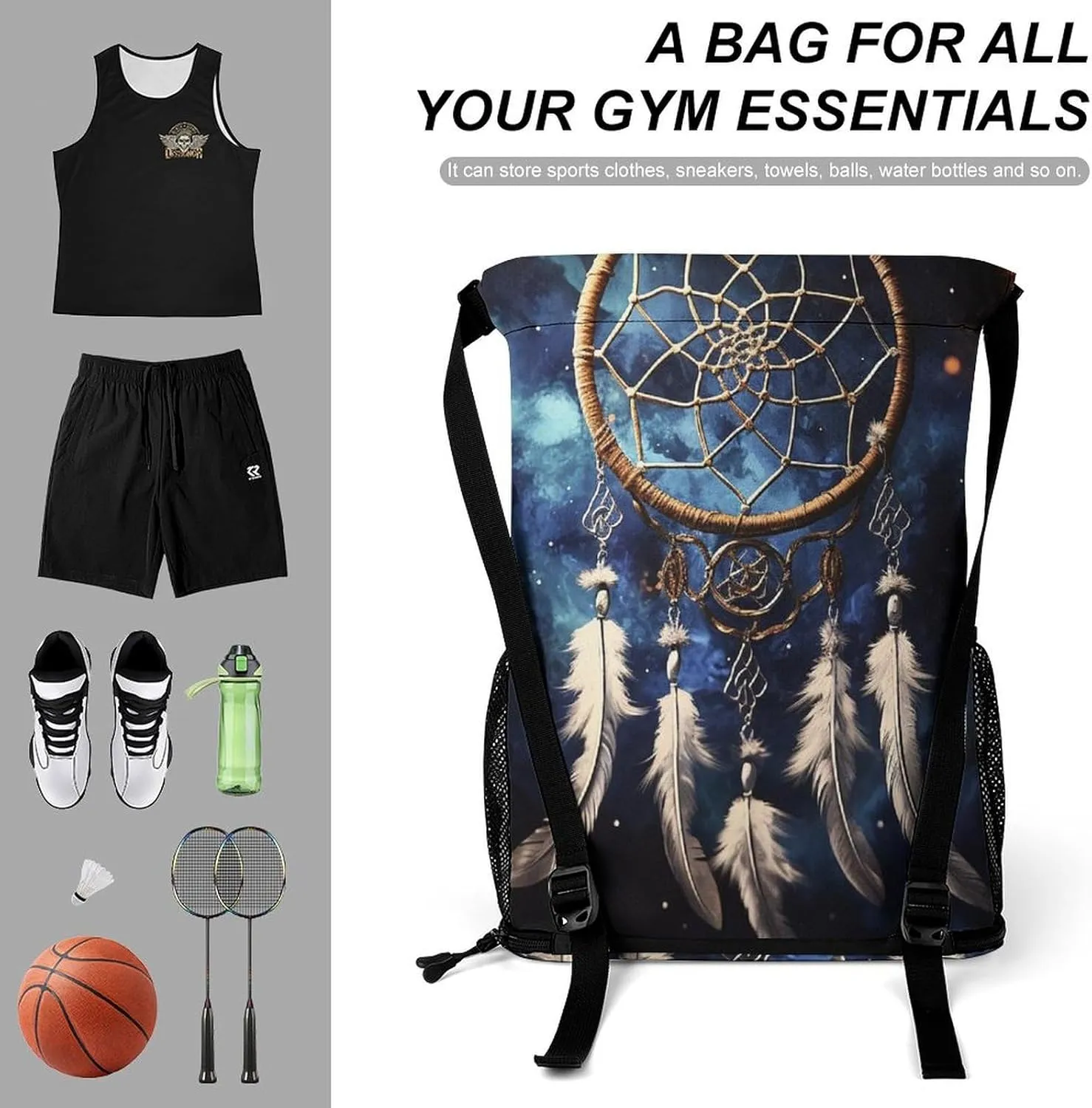 Sports Drawstring Backpack Lightweight Small Gym Bag White Fantasy Dream Catcher Gym Sackpack for Women Men