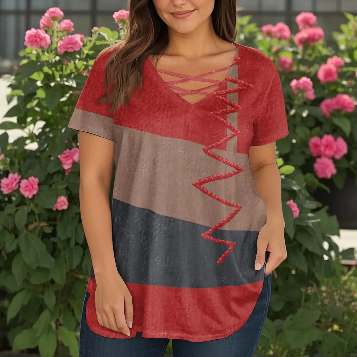 Spring Tops for Women Casual Loose Short Sleeve V-Neck Floral Printed T Shirt Tops Plus Size Shirts, L-4XL
