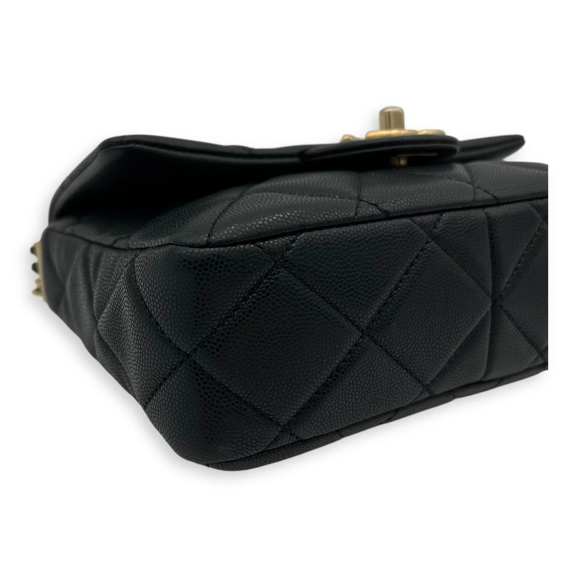 Square Quilt Black Crossbody Bag in Caviar Leather, Gold hardware
