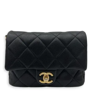 Square Quilt Black Crossbody Bag in Caviar Leather, Gold hardware