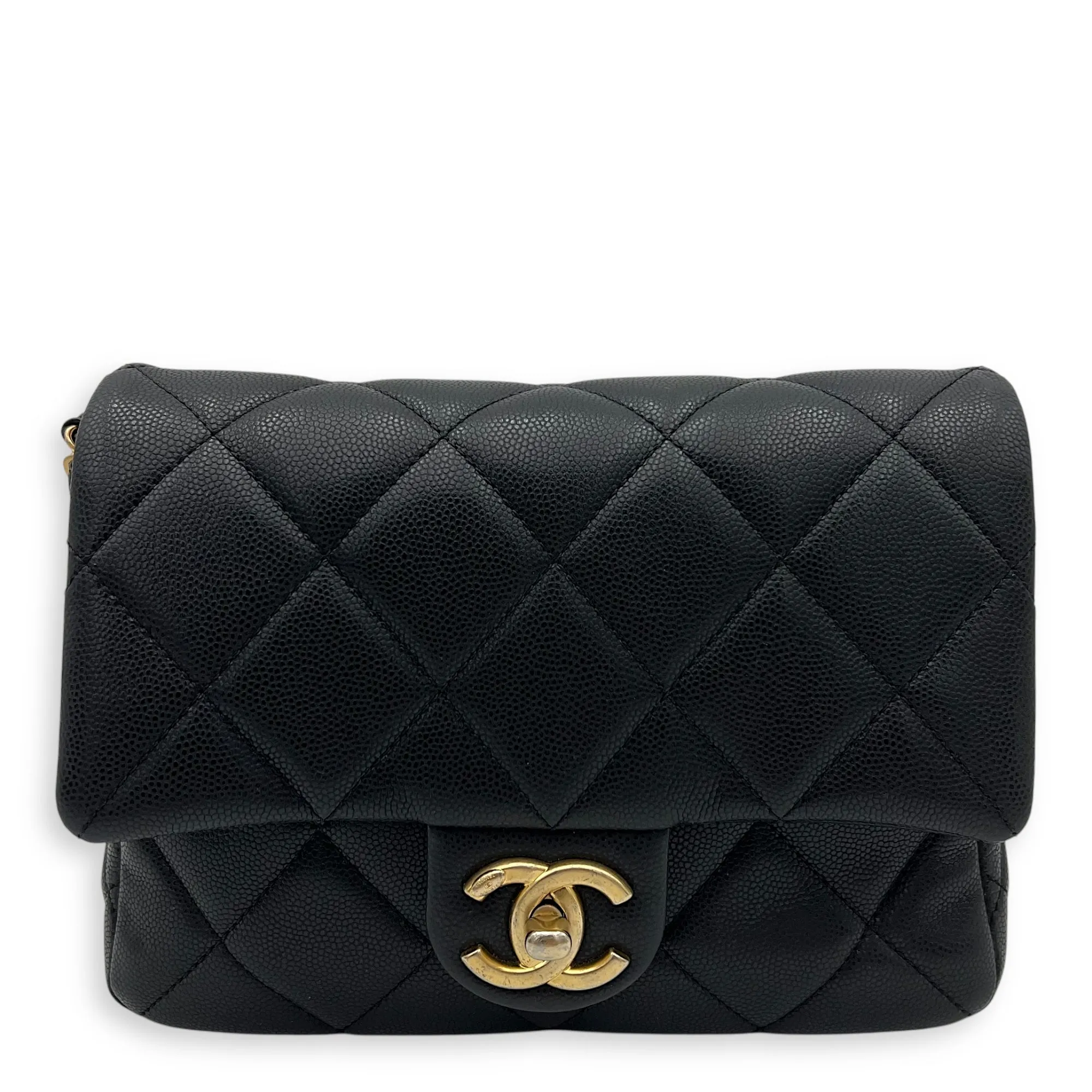Square Quilt Black Crossbody Bag in Caviar Leather, Gold hardware