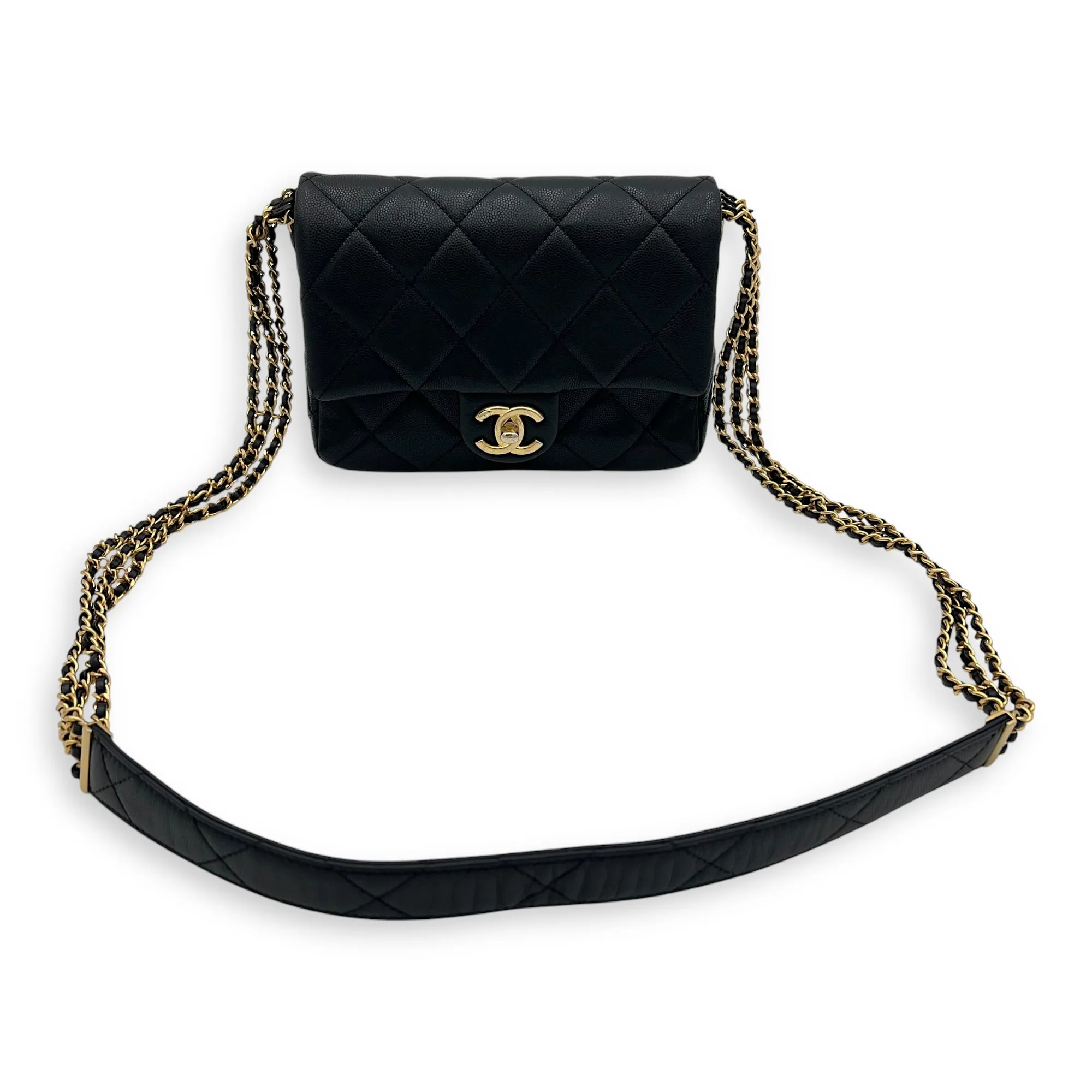 Square Quilt Black Crossbody Bag in Caviar Leather, Gold hardware