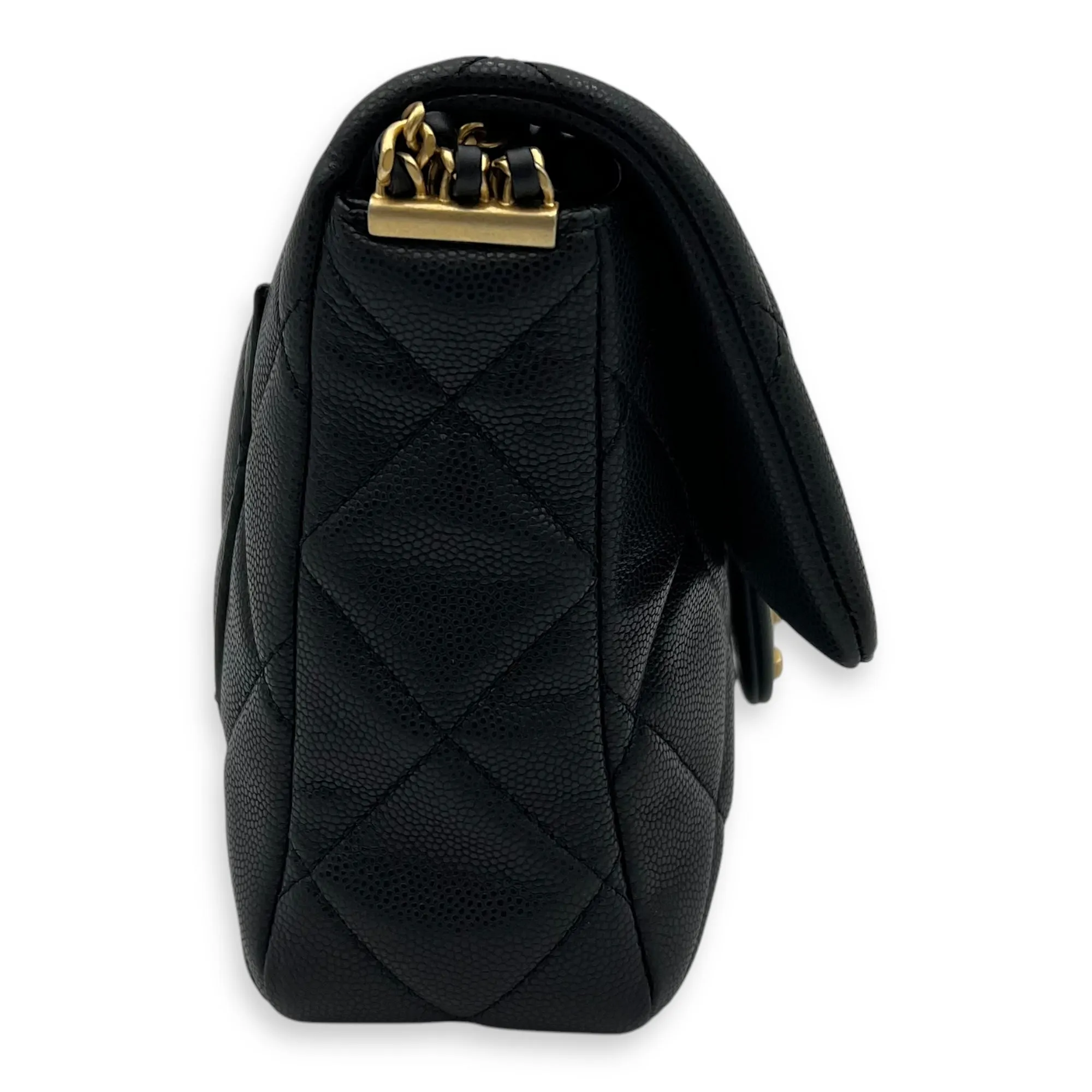 Square Quilt Black Crossbody Bag in Caviar Leather, Gold hardware