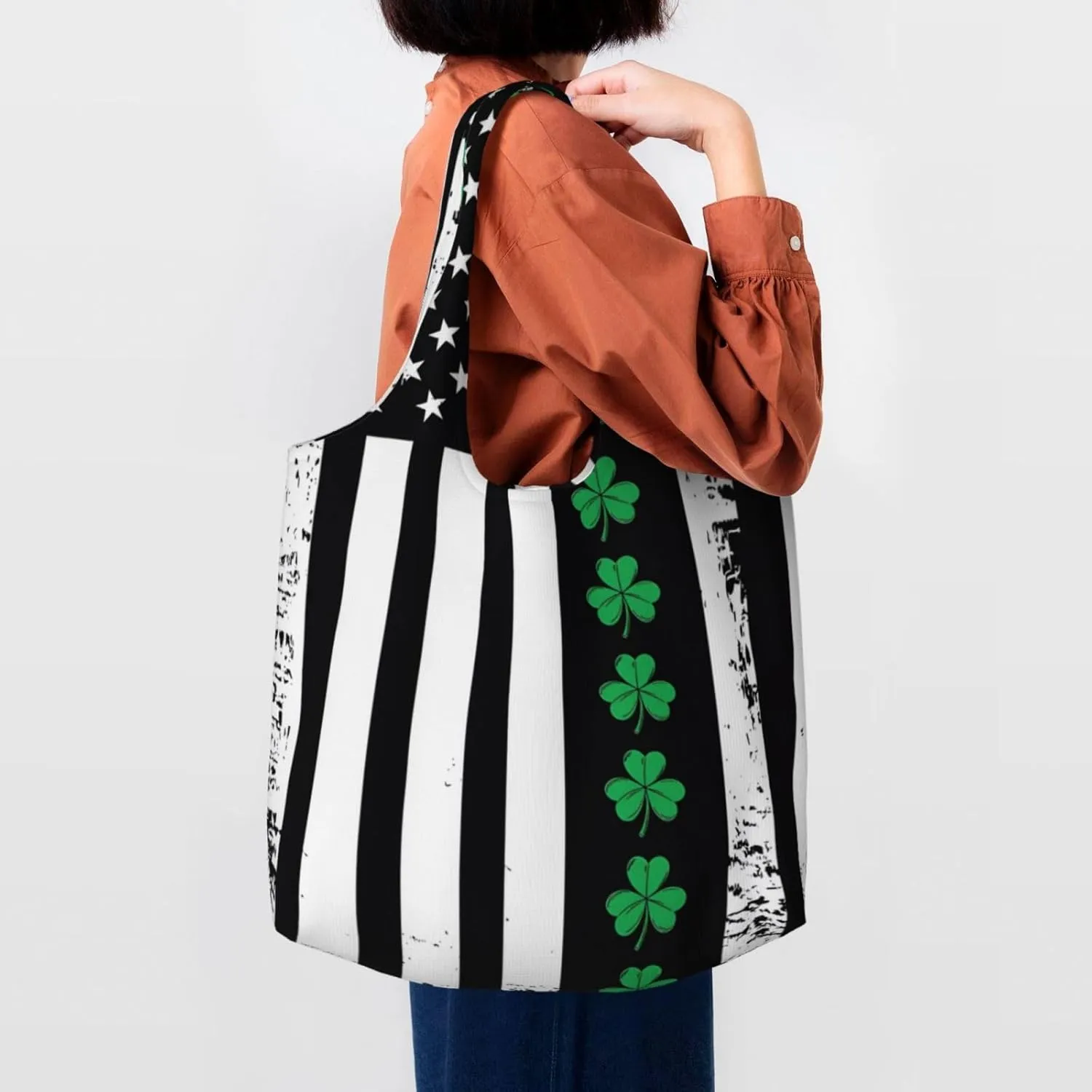 St Patricks Day American Flag Canvas Tote Bags Reusable Shopping Bag Handbag for Shopper Beach Gifts
