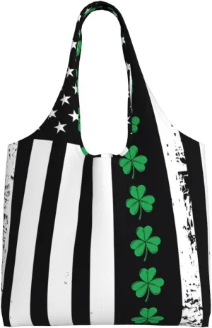St Patricks Day American Flag Canvas Tote Bags Reusable Shopping Bag Handbag for Shopper Beach Gifts