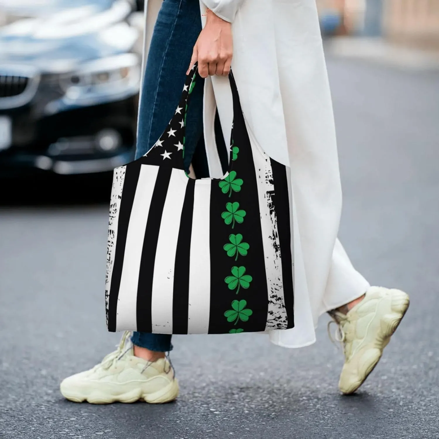 St Patricks Day American Flag Canvas Tote Bags Reusable Shopping Bag Handbag for Shopper Beach Gifts