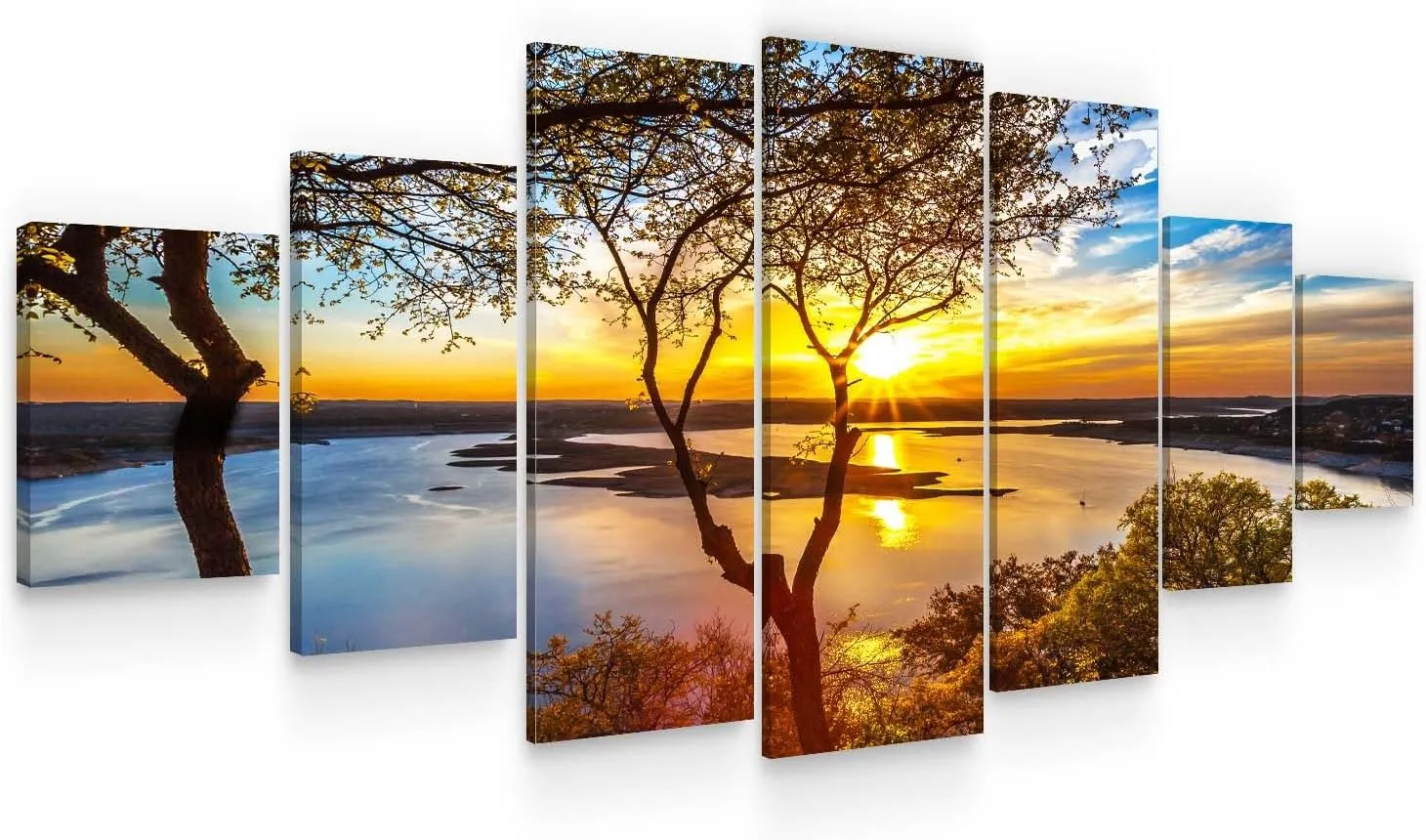 Startonight Huge Canvas Wall Art - Sunrise On The Lake Large Framed Set of 7 40" x 95"