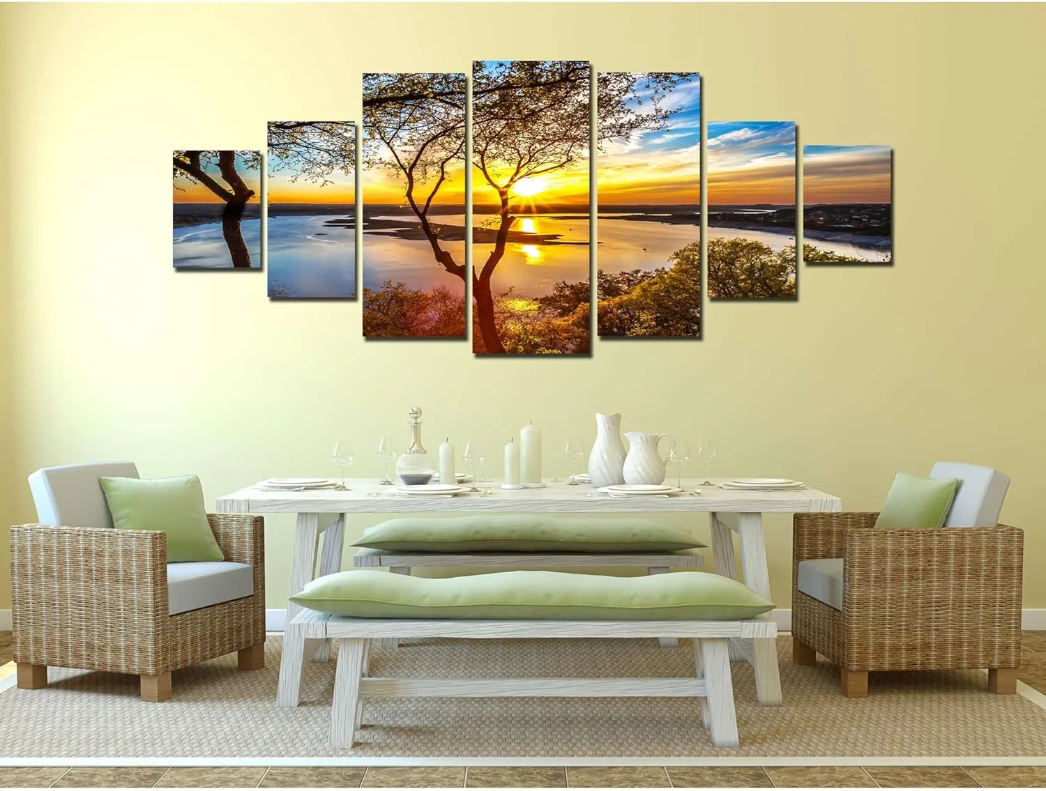 Startonight Huge Canvas Wall Art - Sunrise On The Lake Large Framed Set of 7 40" x 95"