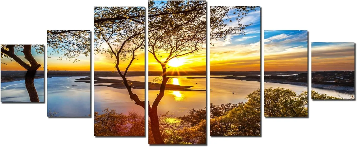 Startonight Huge Canvas Wall Art - Sunrise On The Lake Large Framed Set of 7 40" x 95"