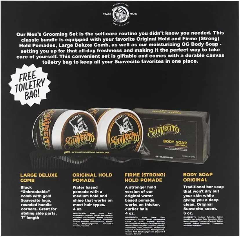 Suavecito Men's Hair Grooming Set OG & Firme (Strong) Hold Pomade, Body Soap, Large Deluxe Comb & Sand Canvas Bag