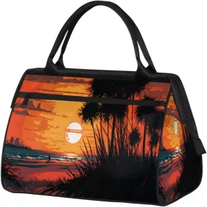Summer Beach Sunrise Trees Gym Bag for Women Men, Travel Sports Duffel Bag with Trolley Sleeve, Waterproof Sports Gym Bag Weekender Overnight Bag Carry On Tote Bag for Travel Gym Sport