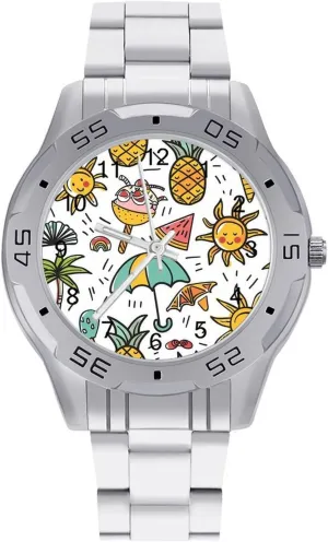 Summer Palm Trees Pineapple Watermelon Simple Stainless Steel Band Business Watch Dress Wrist Unique Luxury Work Casual Waterproof Watches