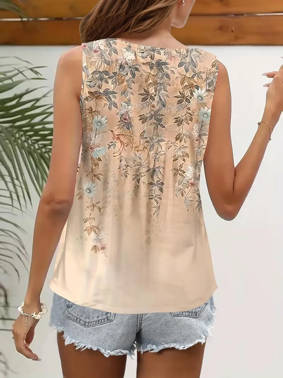 Summer Tank Tops for Women Pleated Square Neck O Ring Shoulder Sleeveless Shirts Casual Loose Fit Trendy Blouses