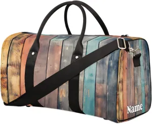 Summer Wood Planks Sports Tote Gym Duffel Bag Customized Name for Women & Men,Waterproof Beach Bag Foldable Personal Item Travel Bag for Weekender Overnight Dance Carry-On Bag