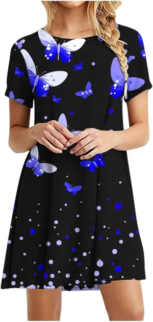 Sundresses for Women 2025 Summer Crewneck Short Sleeve Midi Dresses Casual Vacation Vintage Printed Boho Dresses