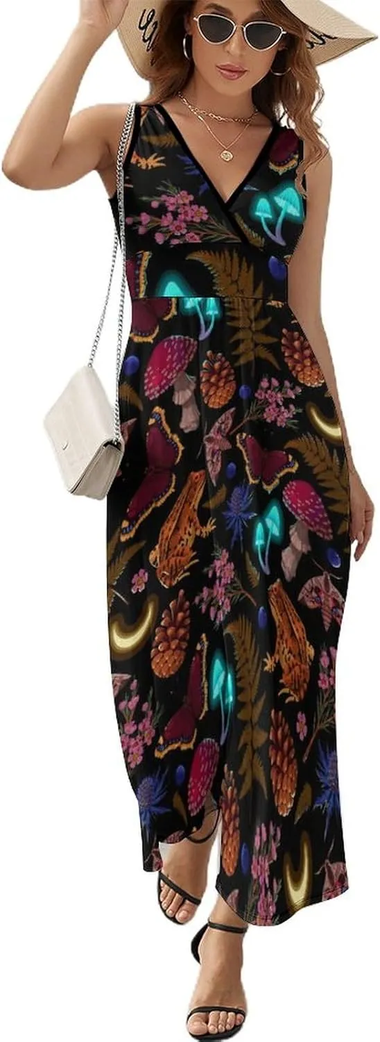 Sundresses for Women Summer Long Dress Sexy V Neck Casual Dress Beach Maxi Dress Flowy Loose Sleeveless Dress