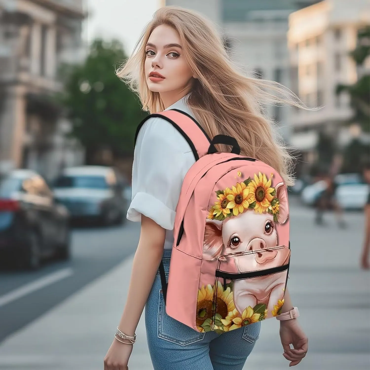Sunflower Pig 6Th Grade Backpack for KIds 17 Inch Backpack for Girls Ideal for Students Go To School Extracurricular Activities