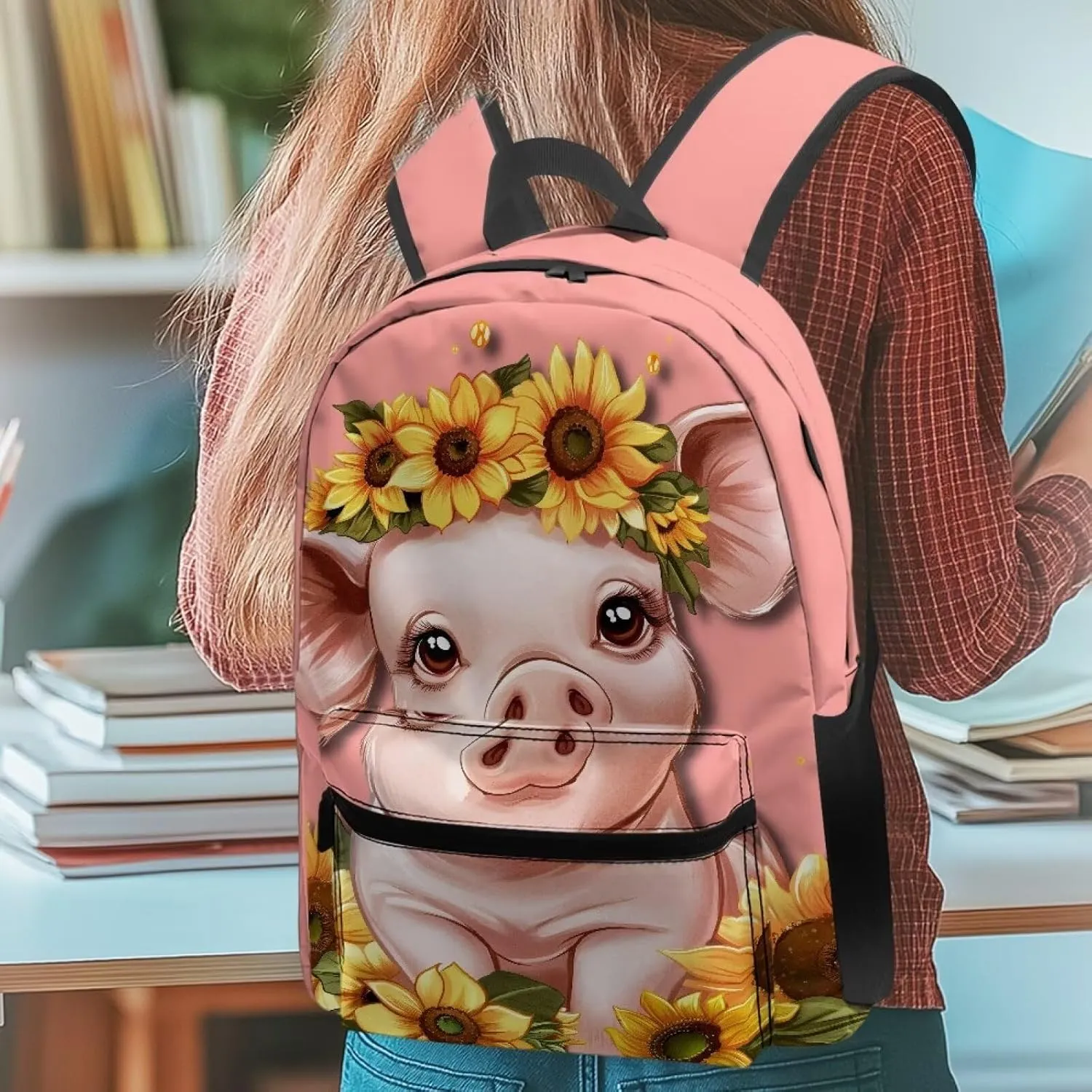 Sunflower Pig 6Th Grade Backpack for KIds 17 Inch Backpack for Girls Ideal for Students Go To School Extracurricular Activities