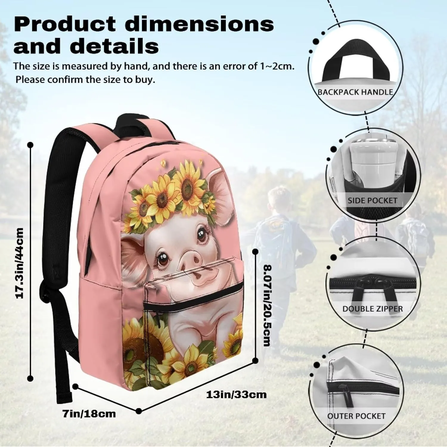 Sunflower Pig 6Th Grade Backpack for KIds 17 Inch Backpack for Girls Ideal for Students Go To School Extracurricular Activities