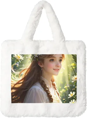Sunlit Symphony Printed Plush Handbag, White Soft Faux Rabbit Fur Shoulder Bag for Women, Suitable for Autumn and Winter