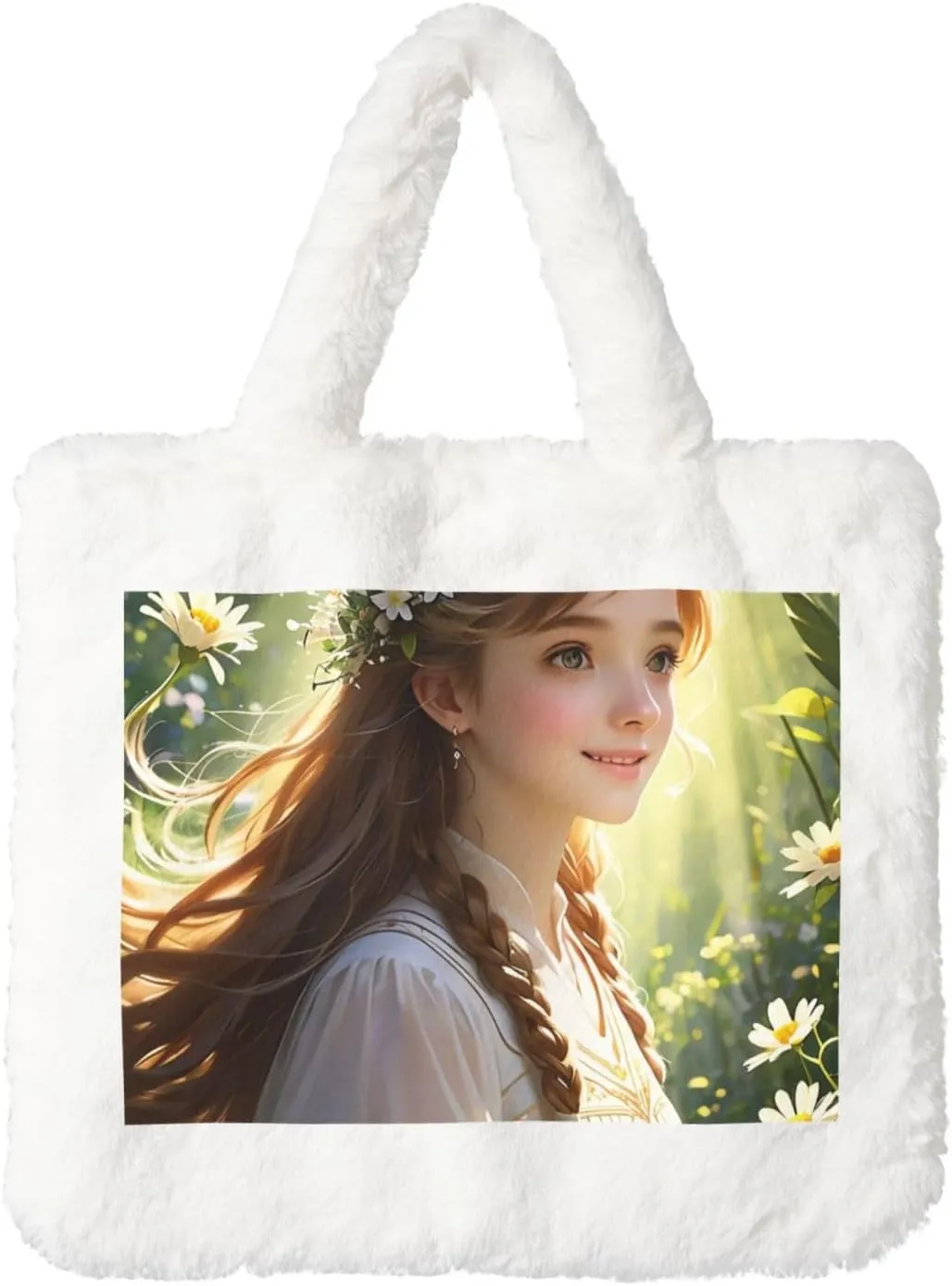 Sunlit Symphony Printed Plush Handbag, White Soft Faux Rabbit Fur Shoulder Bag for Women, Suitable for Autumn and Winter