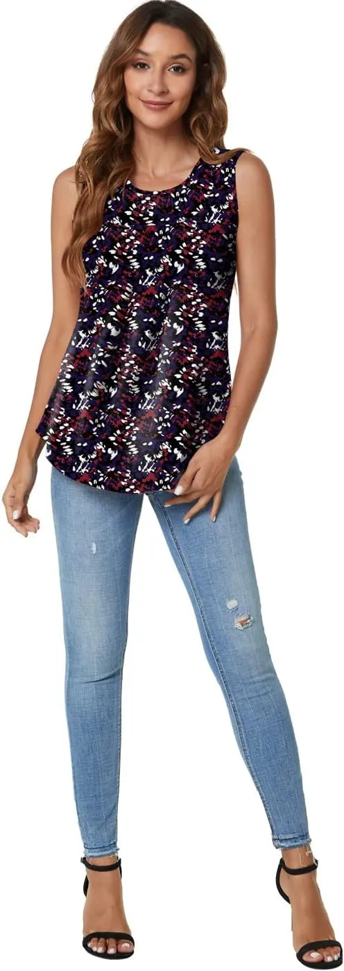 SUNNEGOO Women's Sleeveless Tank Tops Printed Pleated Loose Casual Blouse Shirt Flare Tunic Tank Tops for Women Summer
