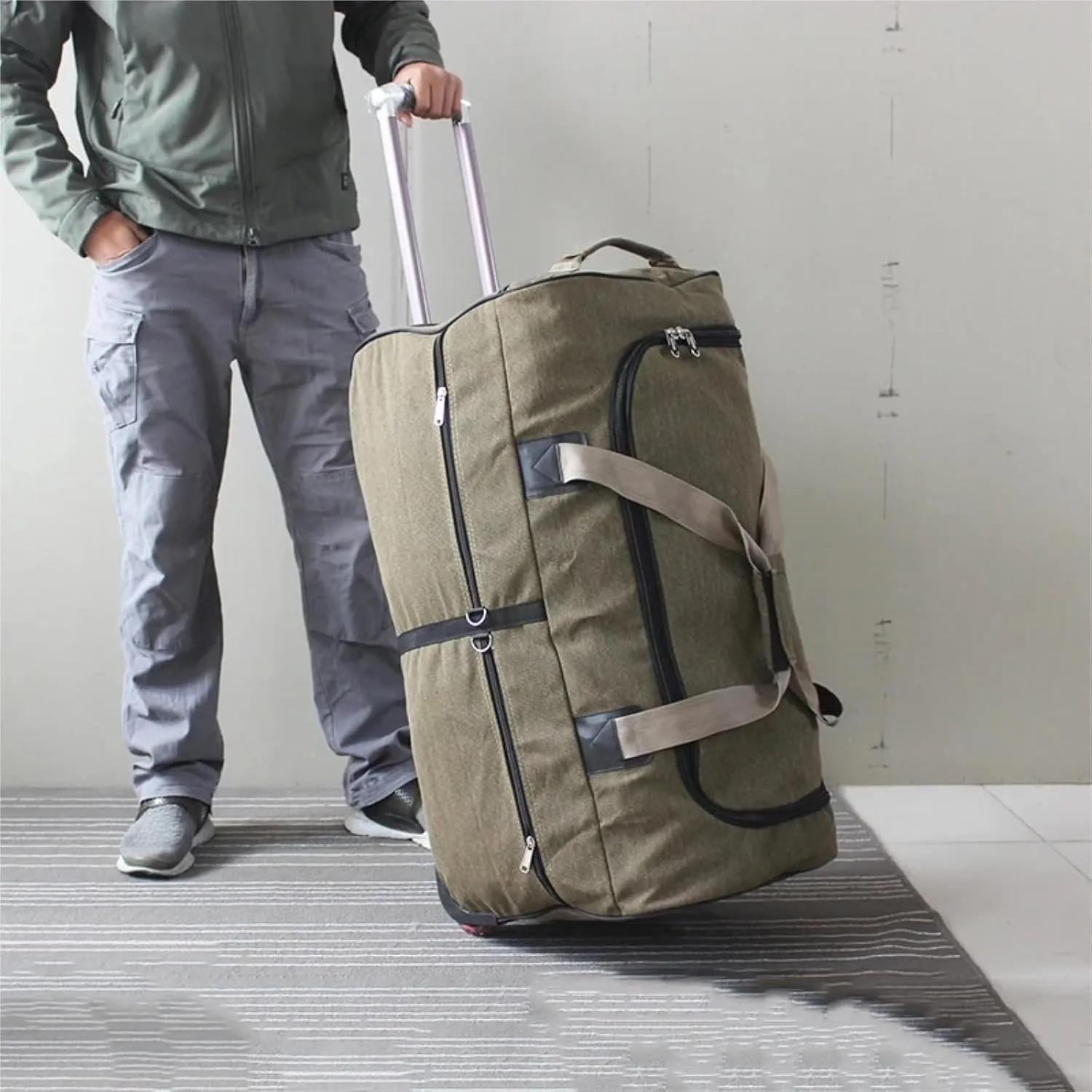 Super Large Capacity Trolley Travel Bag International Study Abroad Long-distance Luggage Lightweight Canvas Trolley Suitcase Bag Luggage Sets(Green,26Inches 650mm)