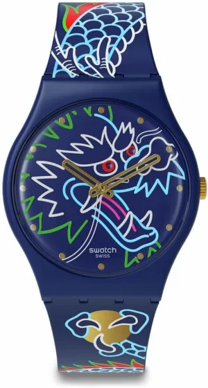 Swatch Unisex Casual Blue Bio-Sourced Quartz Watch Dragon in Waves