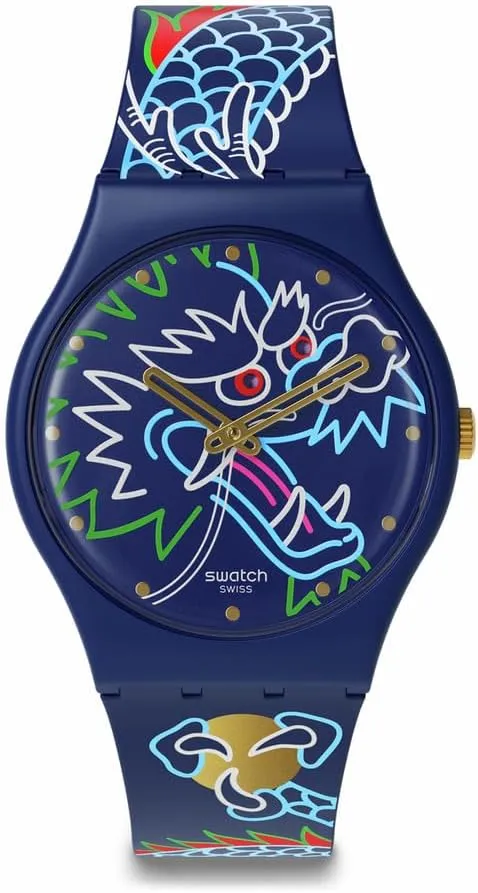 Swatch Unisex Casual Blue Bio-Sourced Quartz Watch Dragon in Waves