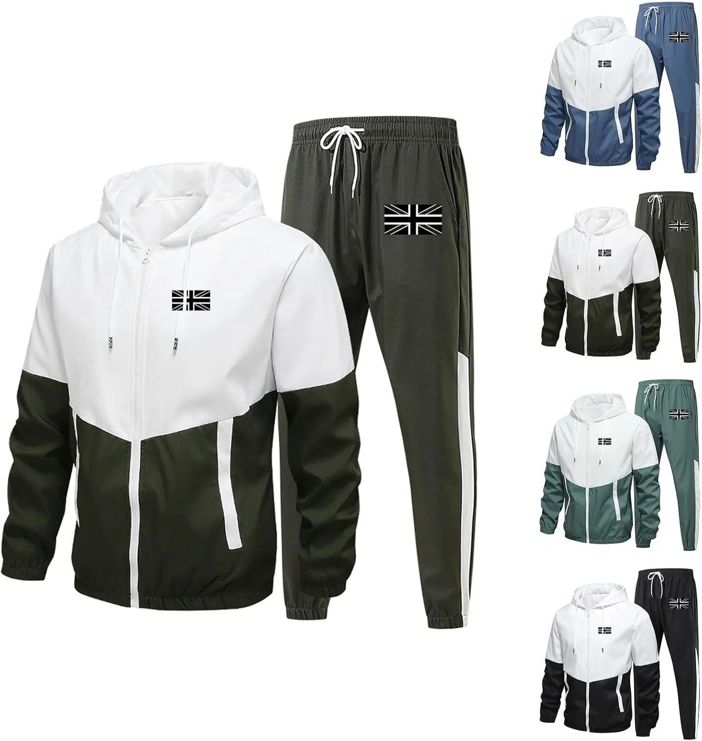 Sweatsuits for Men Flag Printed Full Zipper Long Sleeve Hoodies Jogging Pants Loose Breathable Workout Sport Clothes