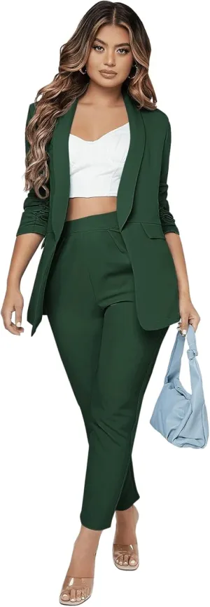 SweatyRocks Women's 2 Piece Solid Ruched Sleeve Blazer and Pants Business Office Suit Set