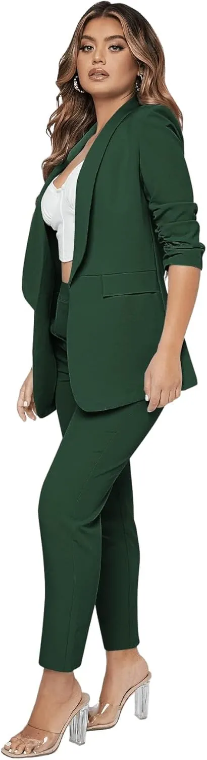 SweatyRocks Women's 2 Piece Solid Ruched Sleeve Blazer and Pants Business Office Suit Set