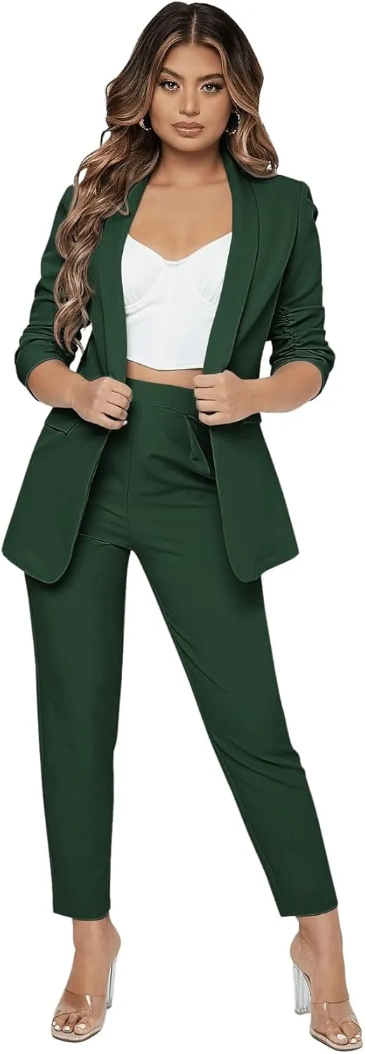 SweatyRocks Women's 2 Piece Solid Ruched Sleeve Blazer and Pants Business Office Suit Set