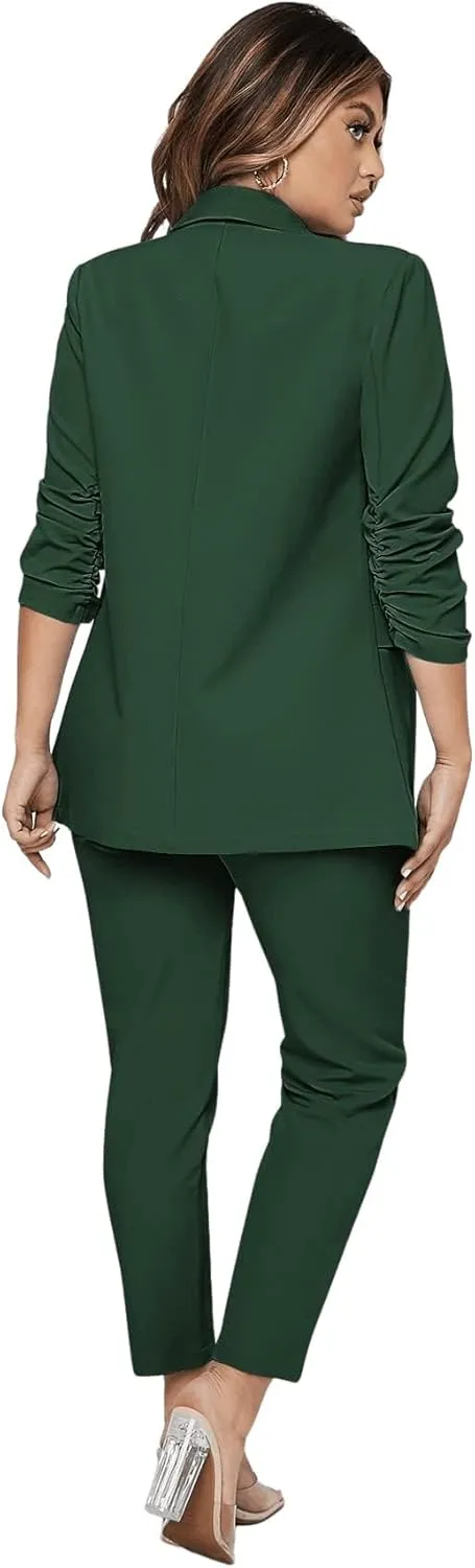 SweatyRocks Women's 2 Piece Solid Ruched Sleeve Blazer and Pants Business Office Suit Set