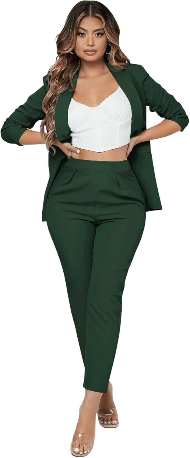 SweatyRocks Women's 2 Piece Solid Ruched Sleeve Blazer and Pants Business Office Suit Set