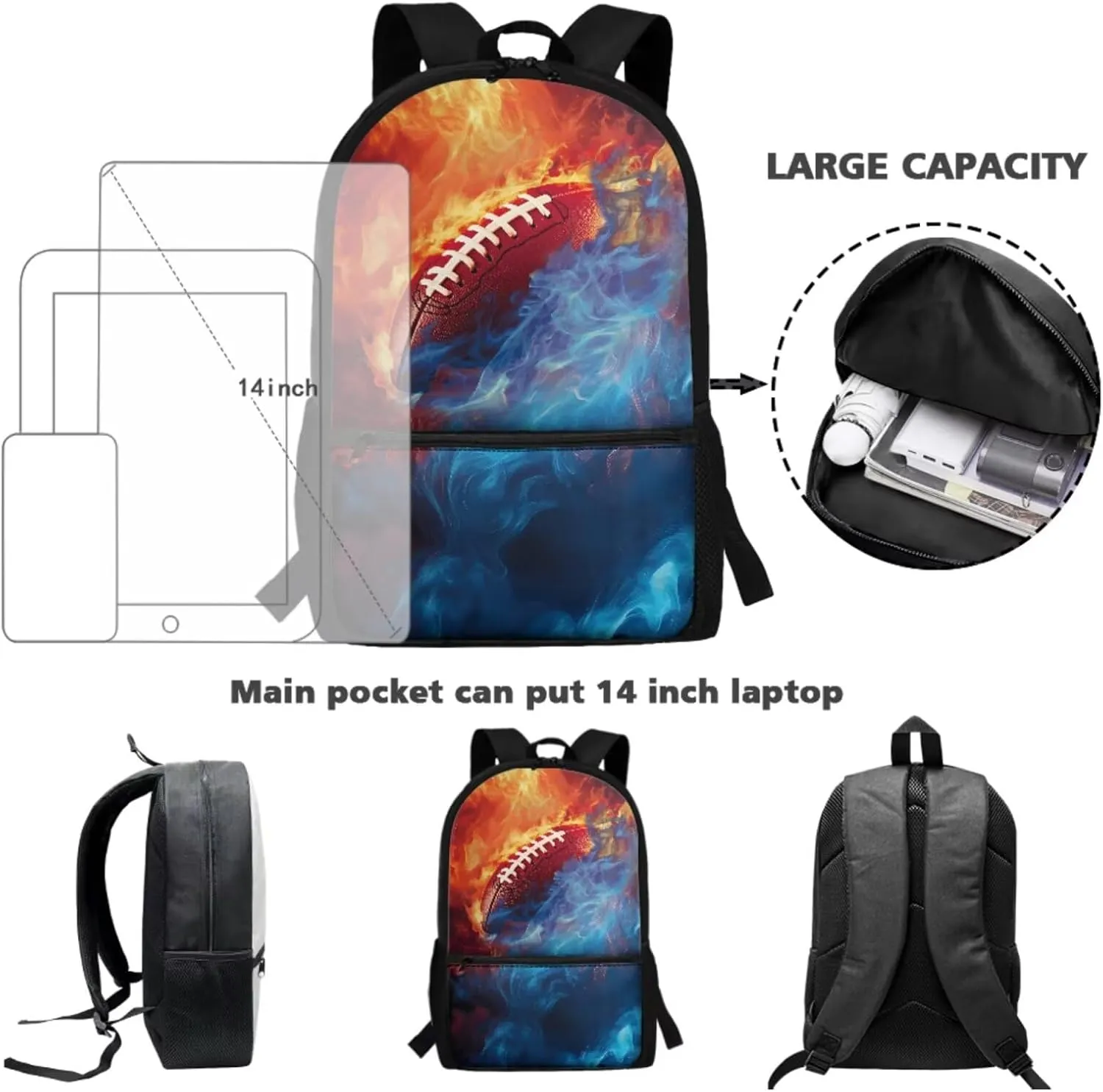 Talayituse American Football Fire Print 3 Pcs Backpack Set Travel Bag Portable Bookbag Knapsack Daypack Large Capacity Sports Backpacks Schoolbag with Lunch Box Pencil Case for Boys Teens