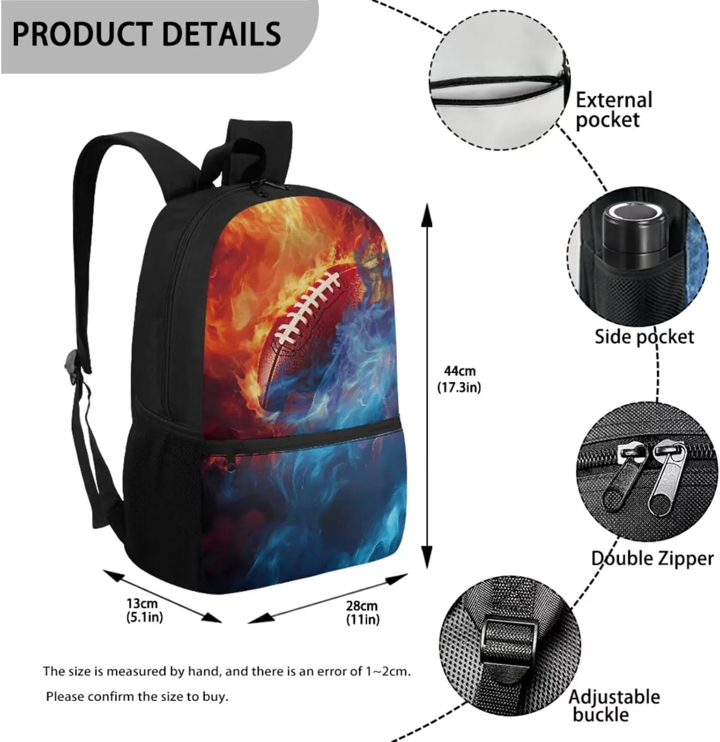 Talayituse American Football Fire Print 3 Pcs Backpack Set Travel Bag Portable Bookbag Knapsack Daypack Large Capacity Sports Backpacks Schoolbag with Lunch Box Pencil Case for Boys Teens