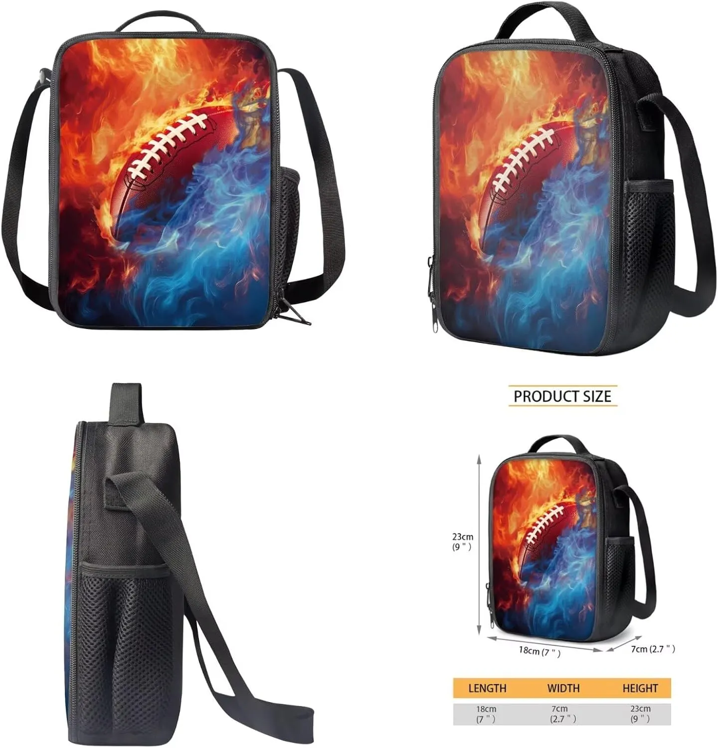 Talayituse American Football Fire Print 3 Pcs Backpack Set Travel Bag Portable Bookbag Knapsack Daypack Large Capacity Sports Backpacks Schoolbag with Lunch Box Pencil Case for Boys Teens