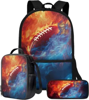 Talayituse American Football Fire Print 3 Pcs Backpack Set Travel Bag Portable Bookbag Knapsack Daypack Large Capacity Sports Backpacks Schoolbag with Lunch Box Pencil Case for Boys Teens