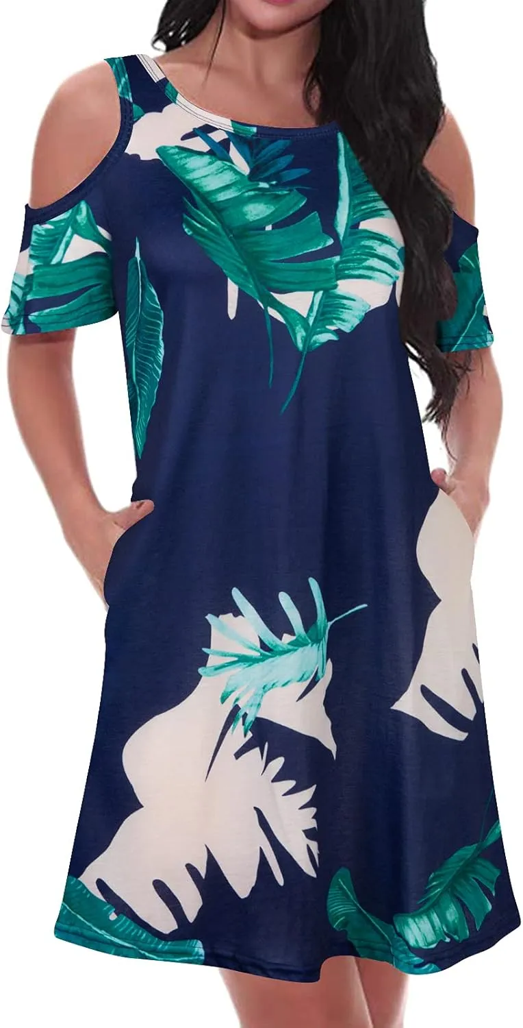 Tanst Sky Women Cold Shoulder Dress Floral Printed Short Sleeve Sundress with Pocket