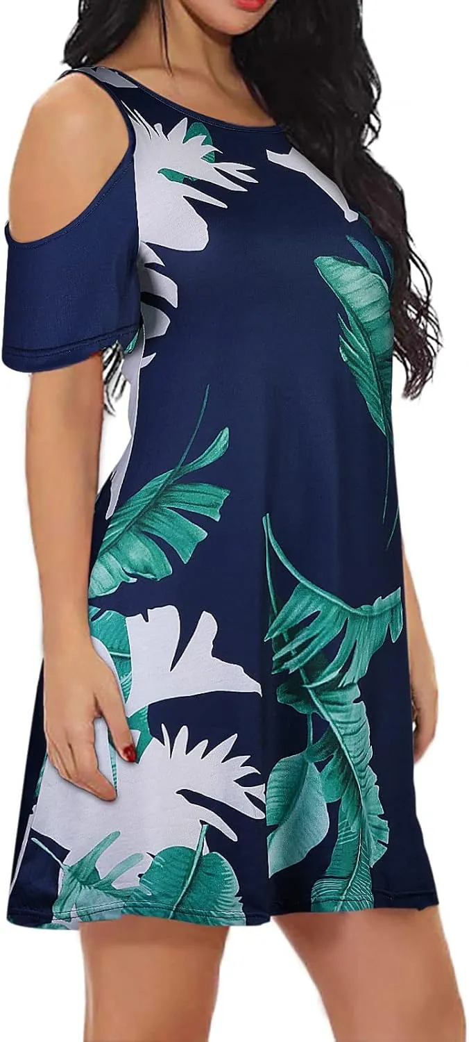 Tanst Sky Women Cold Shoulder Dress Floral Printed Short Sleeve Sundress with Pocket