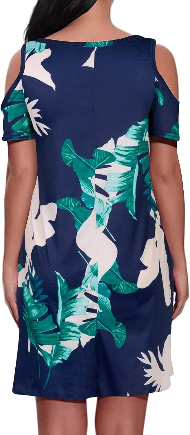 Tanst Sky Women Cold Shoulder Dress Floral Printed Short Sleeve Sundress with Pocket