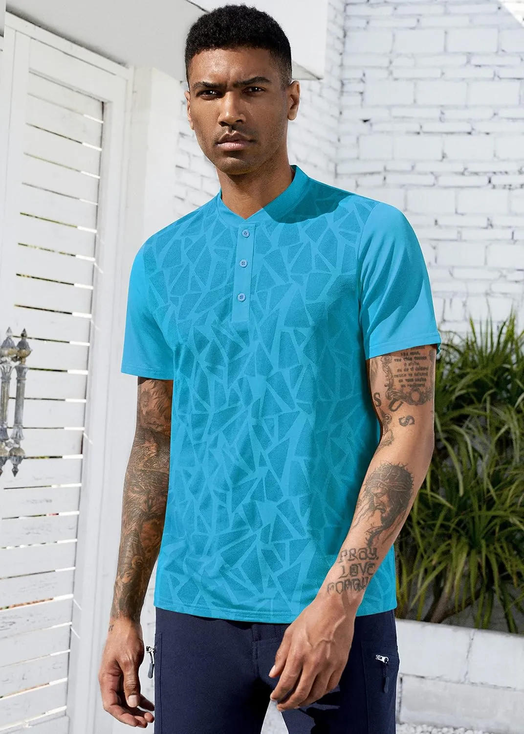 TAPULCO Collarless Golf Shirts for Men Quick Dry Color Block Breathable Soft Athletic Casual Daily T-Shirts