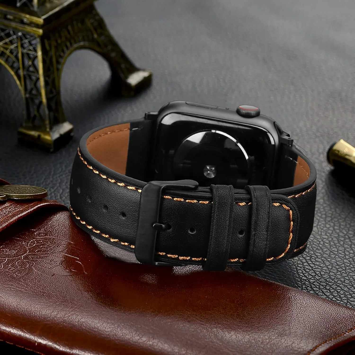 Tasikar Bands Compatible with Apple Watch Band 49mm 46mm 45mm 44mm 42mm Men Genuine Leather Replacement Bands Compatible with Apple Watch Ultra 2 SE Series 10 9 8 7 6 5 4 3 2 1, Black