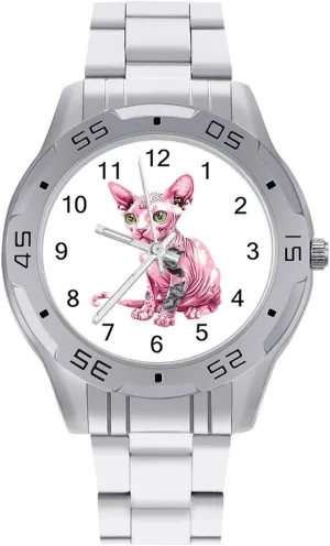 Tattooed Sphynx Cat Hairless Simple Stainless Steel Band Business Watch Dress Wrist Unique Luxury Work Casual Waterproof Watches