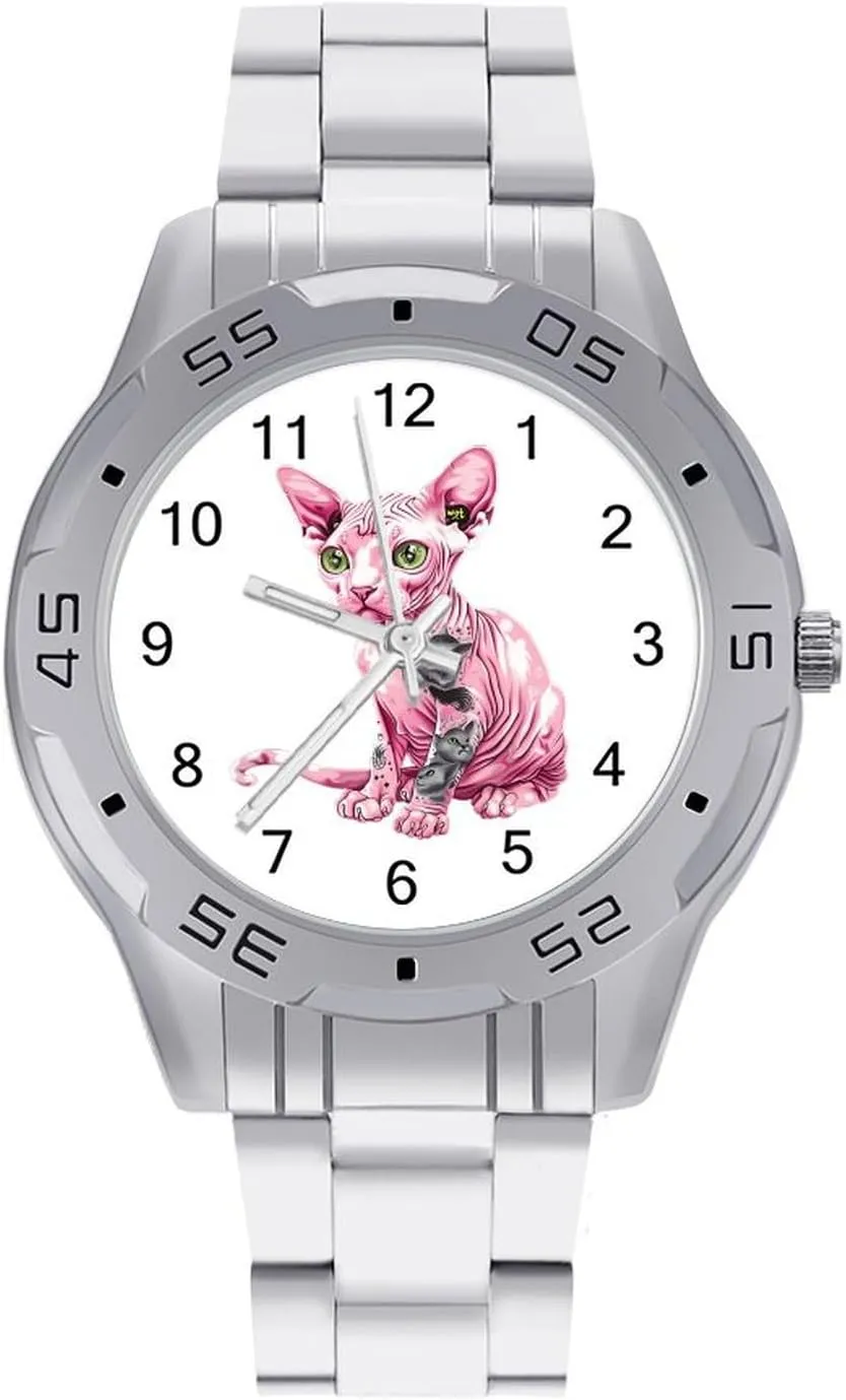 Tattooed Sphynx Cat Hairless Simple Stainless Steel Band Business Watch Dress Wrist Unique Luxury Work Casual Waterproof Watches