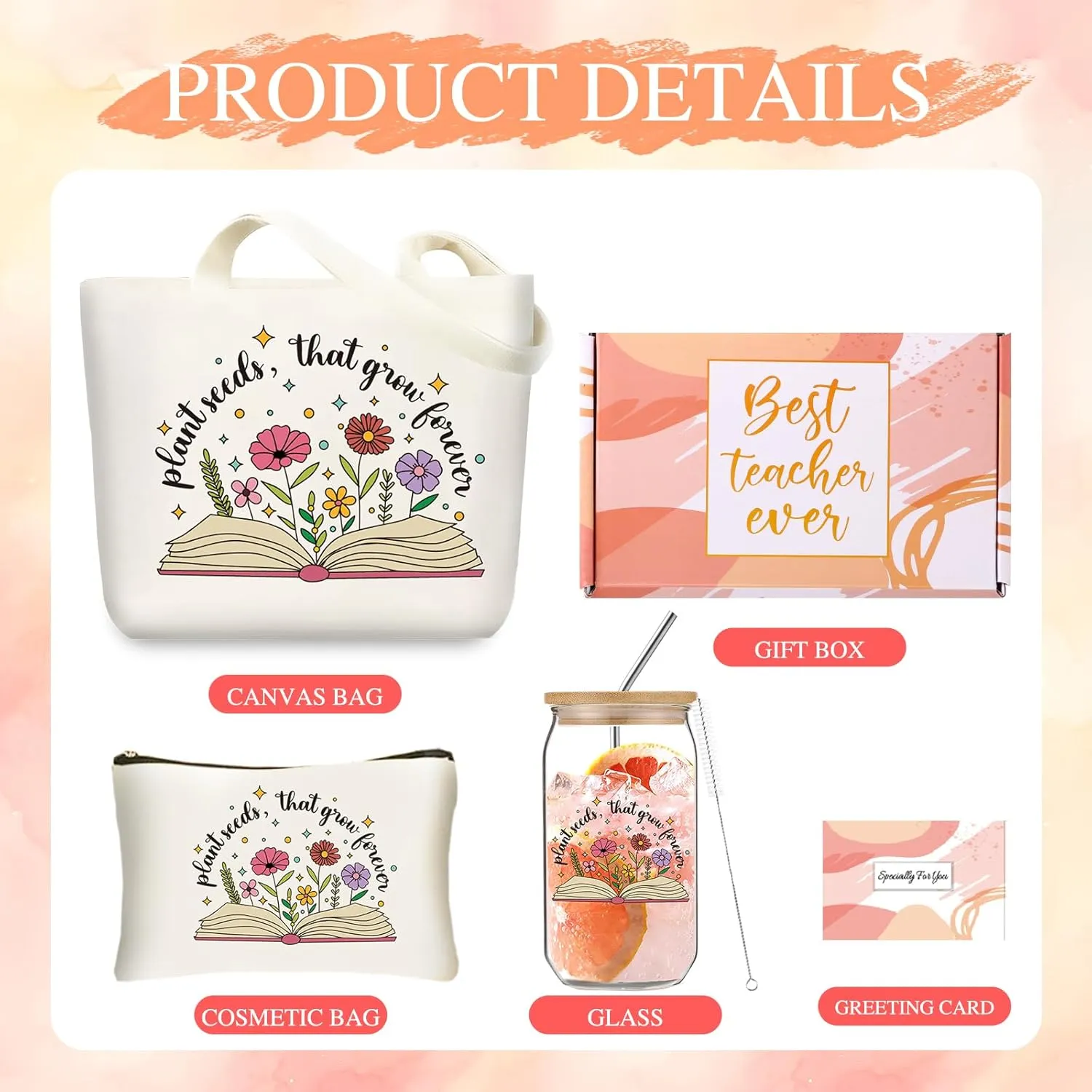 Teacher Appreciation Gifts for Women 16oz Glass Cup With Straw and Cup, Teacher Canvas Tote Bag Basket Box for Teachers Birthday Gifts