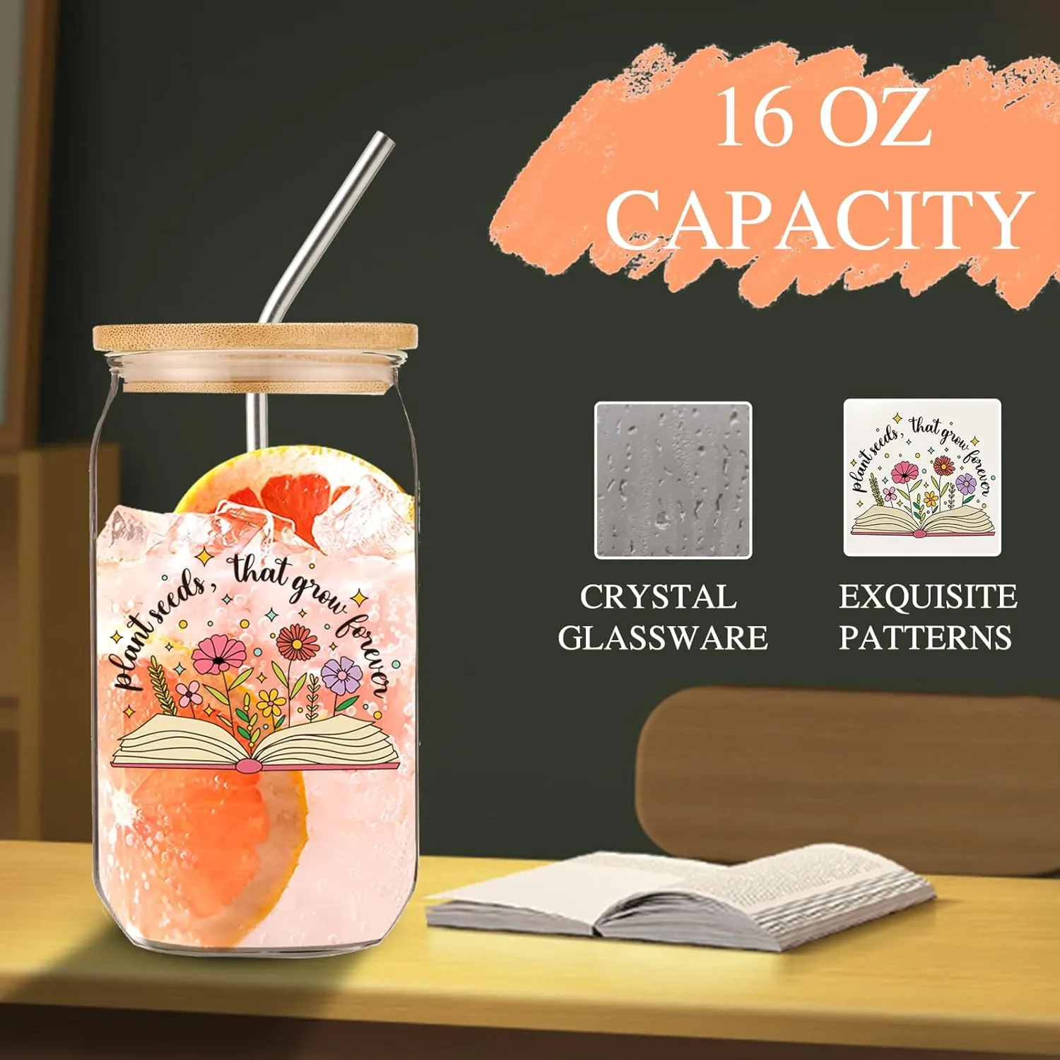 Teacher Appreciation Gifts for Women 16oz Glass Cup With Straw and Cup, Teacher Canvas Tote Bag Basket Box for Teachers Birthday Gifts