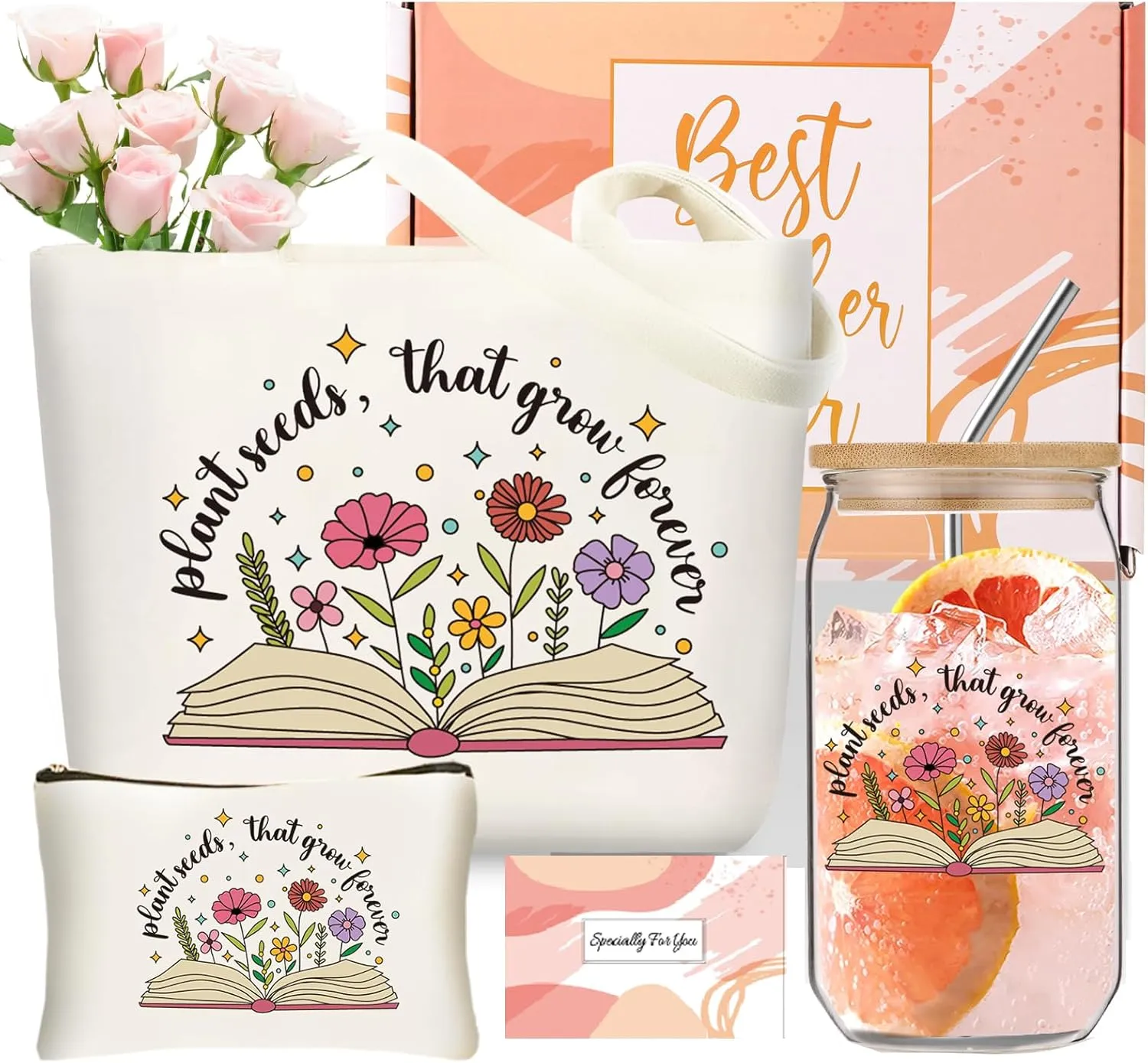 Teacher Appreciation Gifts for Women 16oz Glass Cup With Straw and Cup, Teacher Canvas Tote Bag Basket Box for Teachers Birthday Gifts