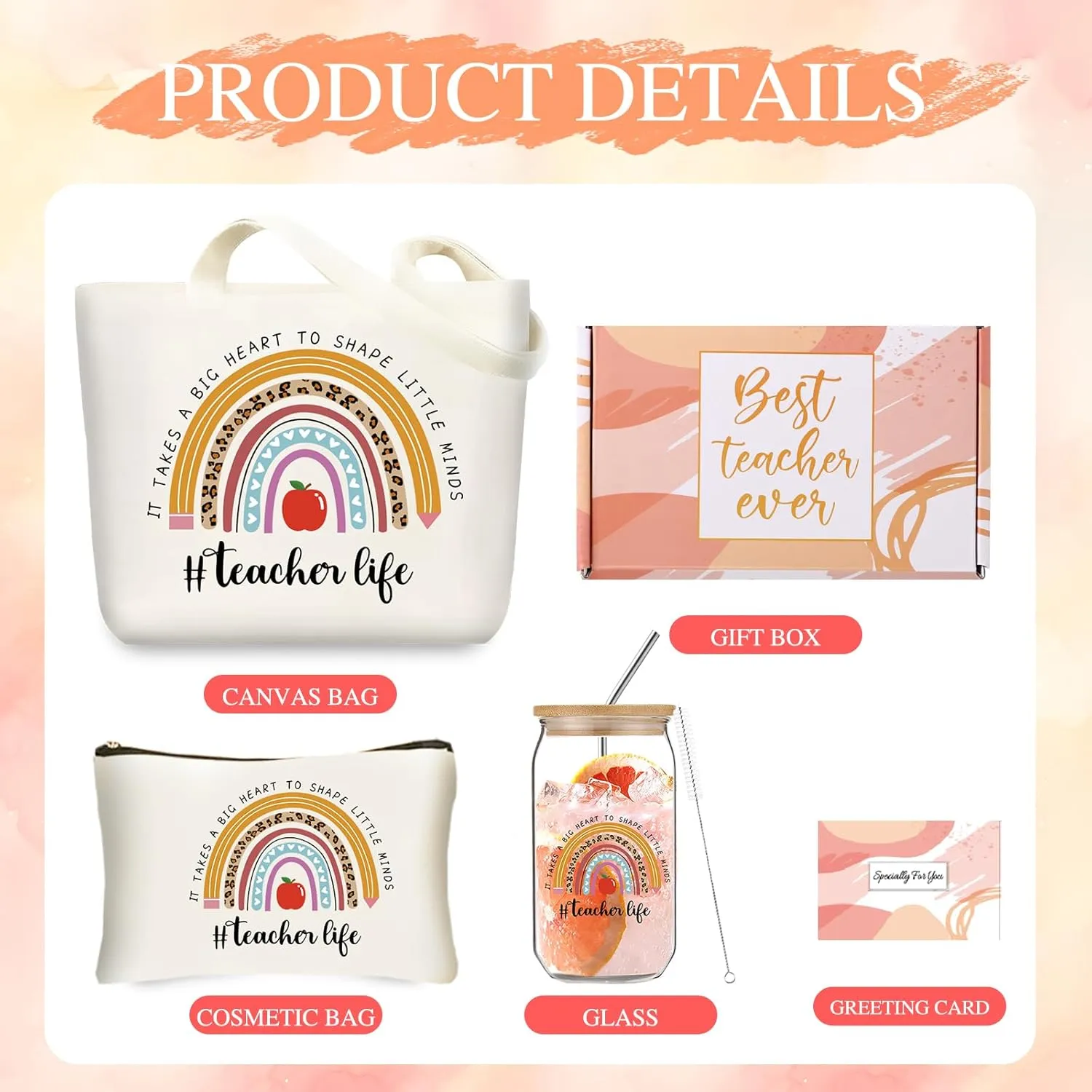 Teacher Appreciation Gifts for Women, Unique Teacher Christmas Gift, 16oz Glass Cup, Teachers Canvas Tote Bag Basket Box for Teachers Birthday Gift, Thank You Gifts